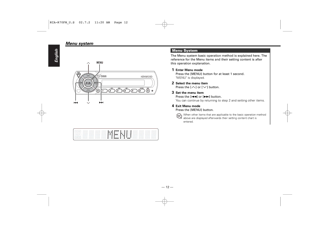 Sirius Satellite Radio KCA-R70FM instruction manual Menu system, Menu System 