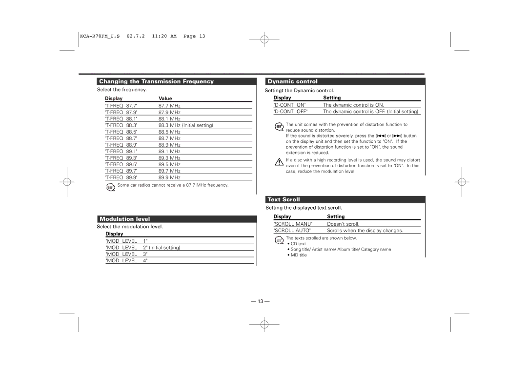 Sirius Satellite Radio KCA-R70FM Changing the Transmission Frequency, Modulation level, Dynamic control, Text Scroll 