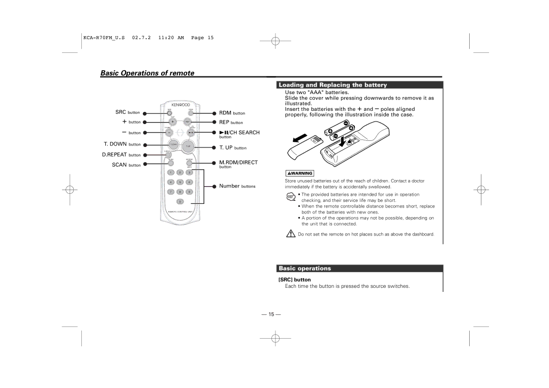 Sirius Satellite Radio KCA-R70FM Basic Operations of remote, Loading and Replacing the battery, Basic operations 