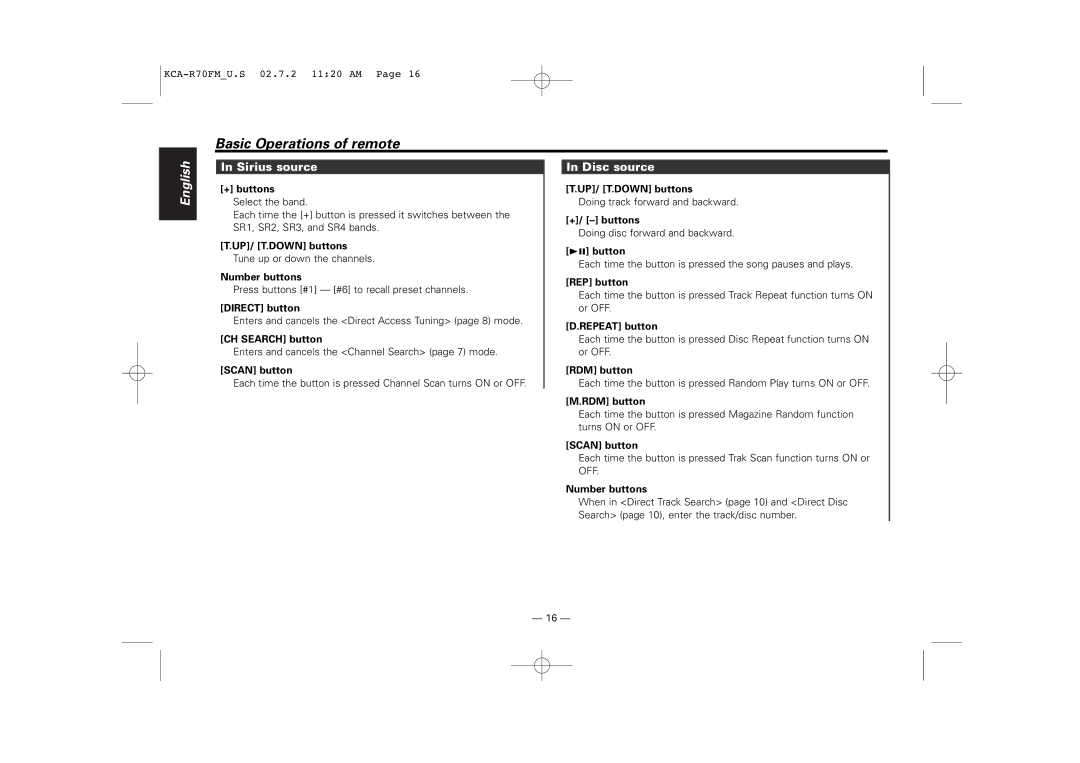 Sirius Satellite Radio KCA-R70FM instruction manual Sirius source, Disc source 