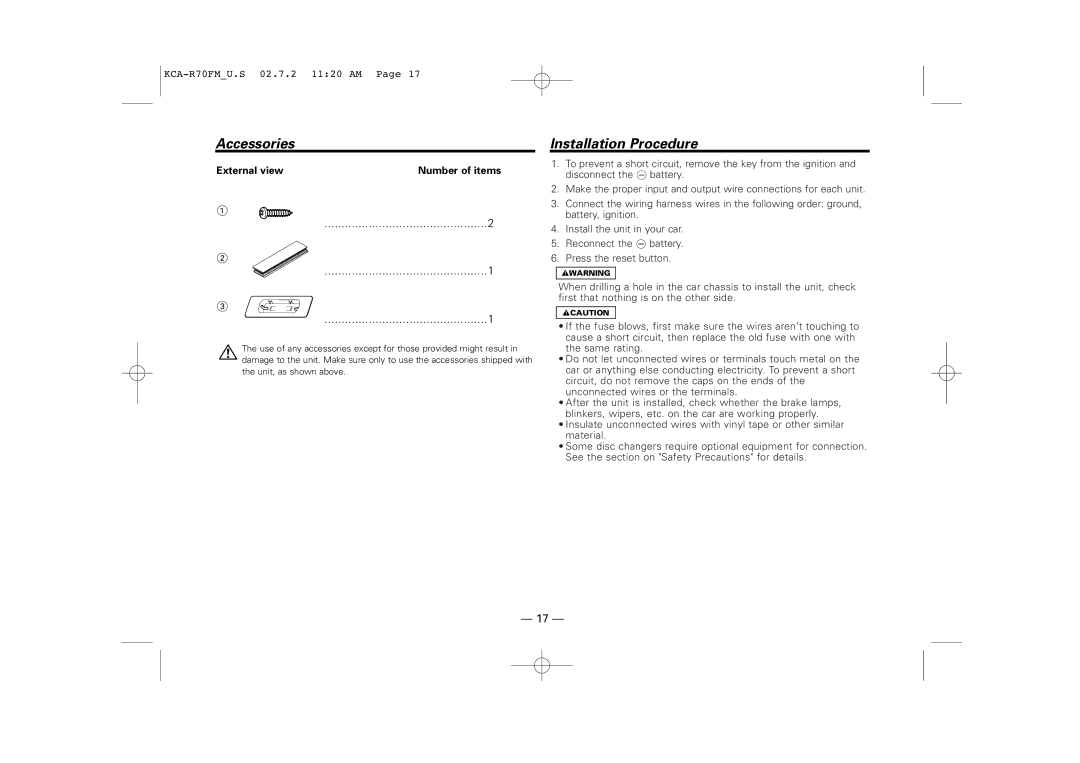 Sirius Satellite Radio KCA-R70FM instruction manual Accessories, Installation Procedure, External viewNumber of items 