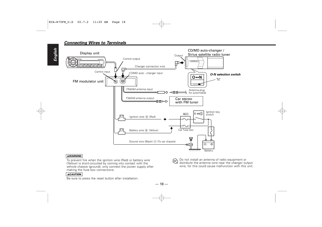 Sirius Satellite Radio KCA-R70FM instruction manual Connecting Wires to Terminals, FM modulator unit 