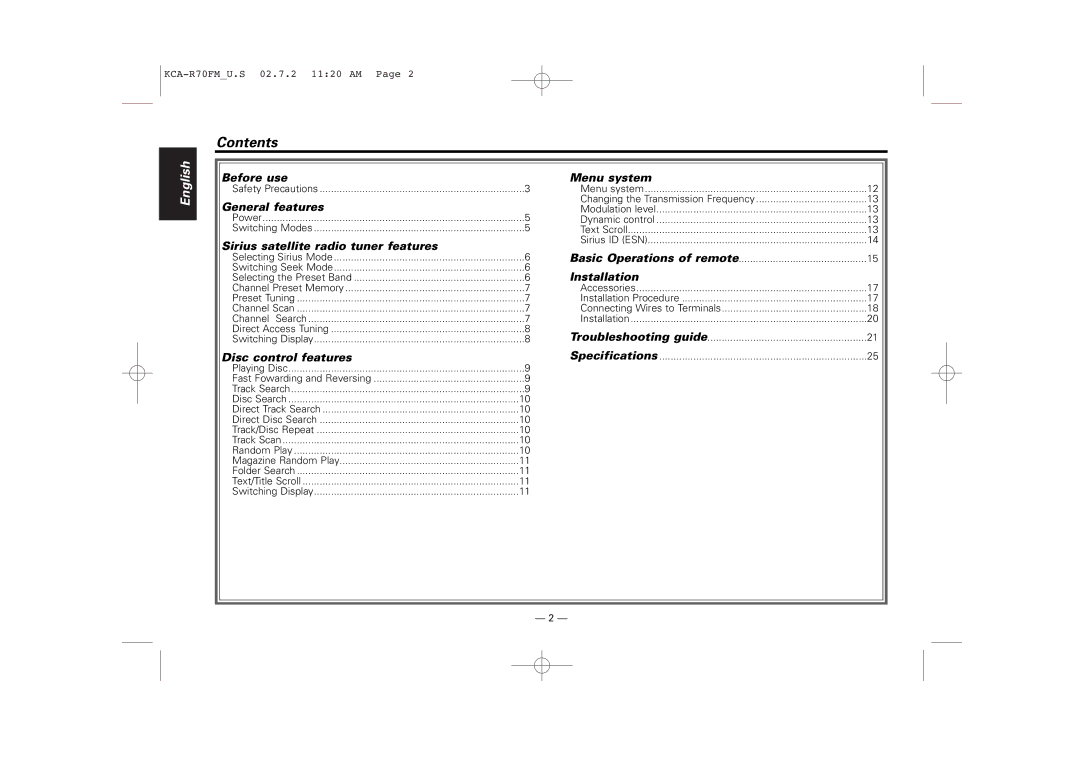 Sirius Satellite Radio KCA-R70FM instruction manual Contents 