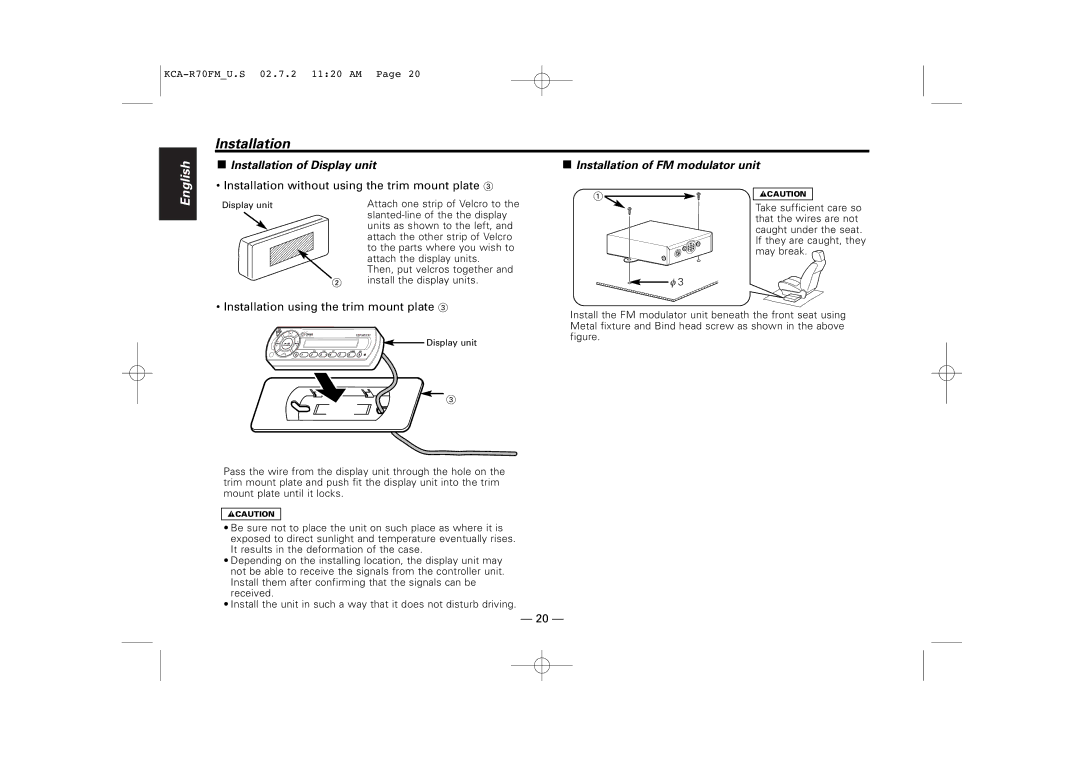 Sirius Satellite Radio KCA-R70FM instruction manual Installation 