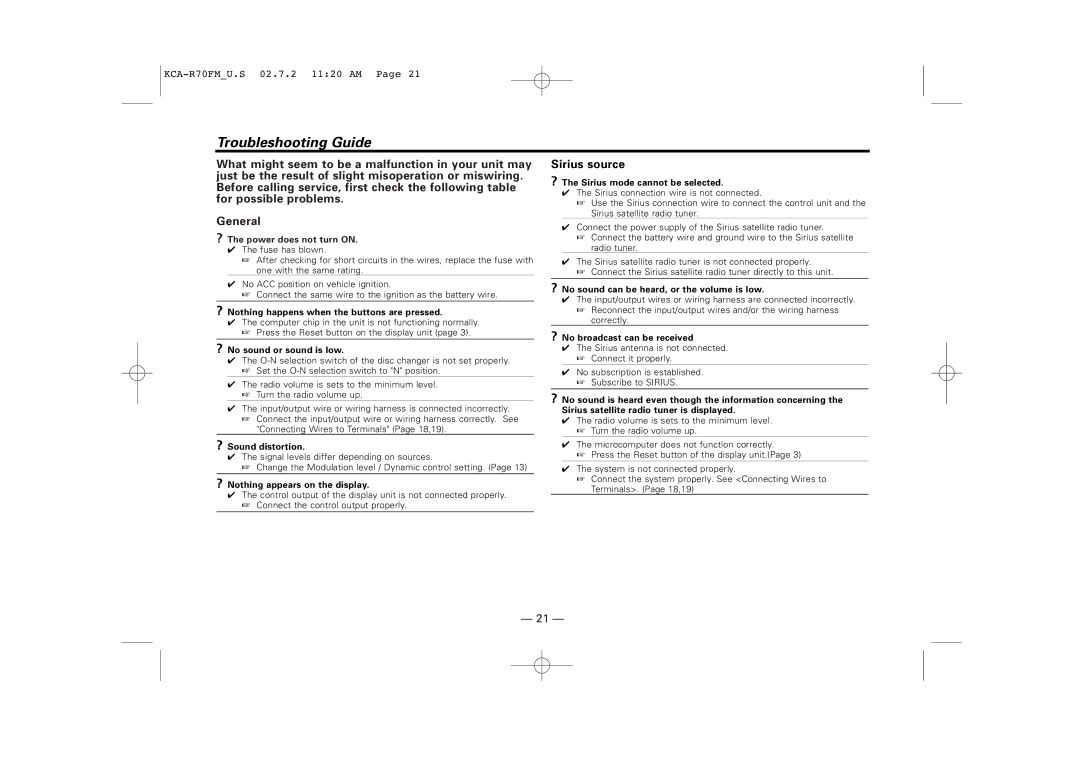 Sirius Satellite Radio KCA-R70FM instruction manual Troubleshooting Guide, ? The power does not turn ON.01 