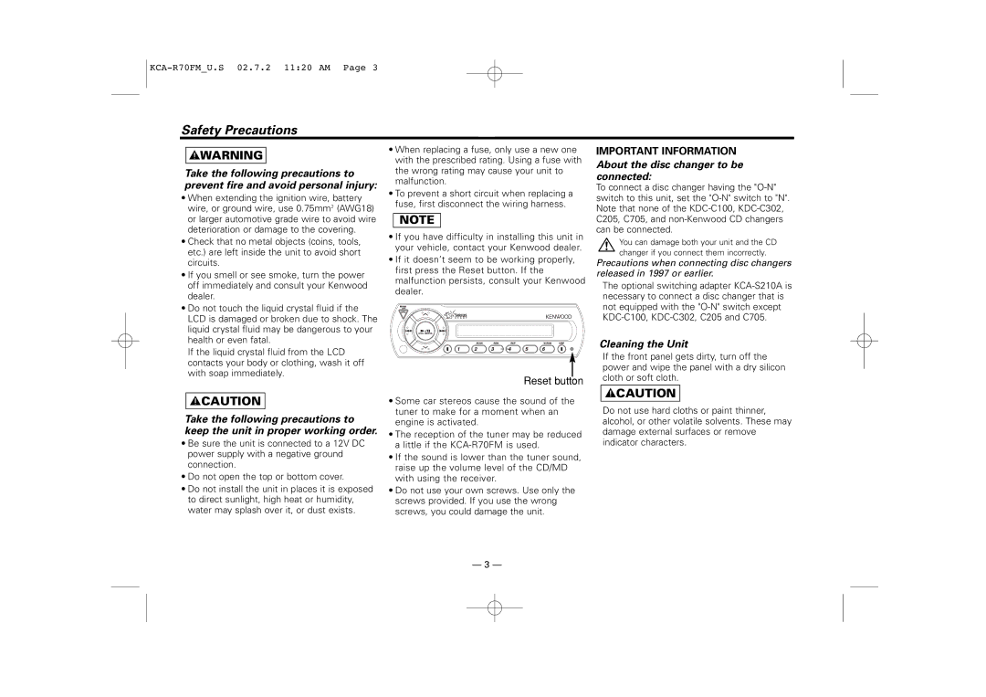 Sirius Satellite Radio KCA-R70FM instruction manual Safety Precautions 