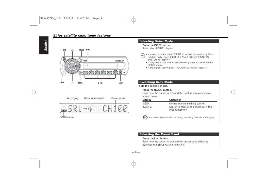 Sirius Satellite Radio KCA-R70FM Sirius satellite radio tuner features, Selecting Sirius Mode, Switching Seek Mode 