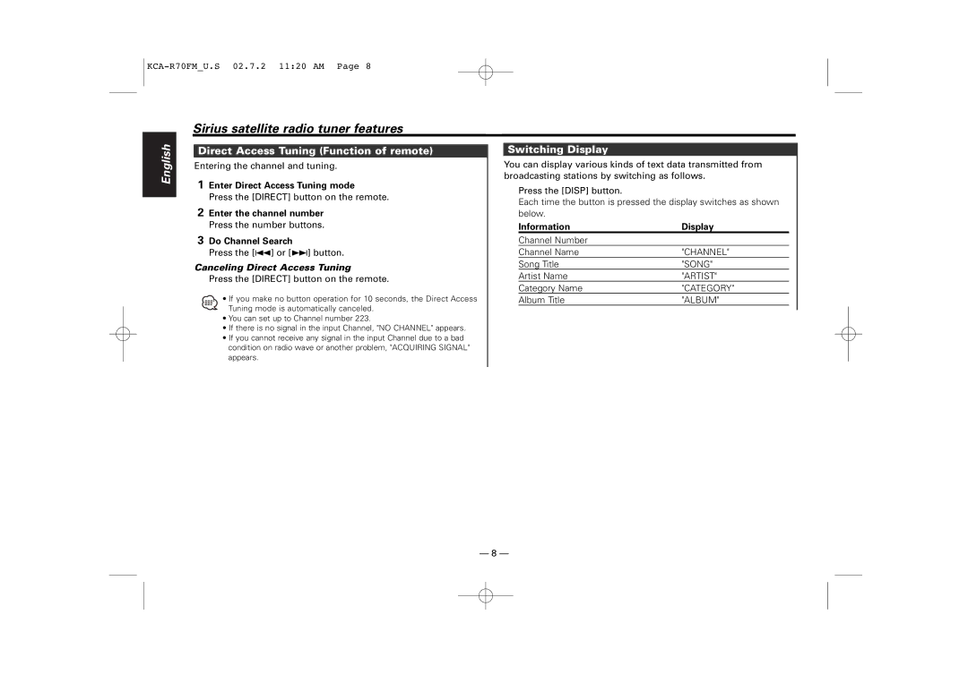 Sirius Satellite Radio KCA-R70FM instruction manual Direct Access Tuning Function of remote, Switching Display 