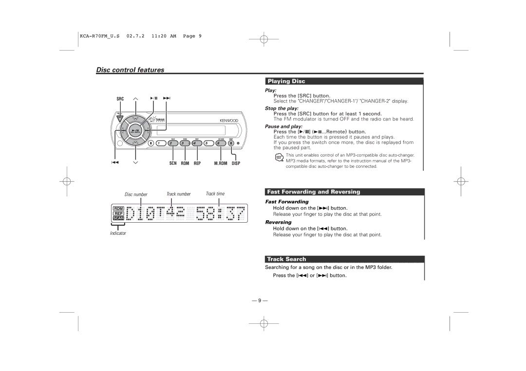 Sirius Satellite Radio KCA-R70FM Disc control features, Playing Disc, Fast Forwarding and Reversing, Track Search 