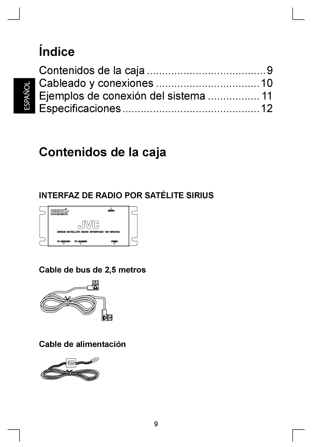 Sirius Satellite Radio KS-SRA100 manual Índice, Contenidos de la caja 