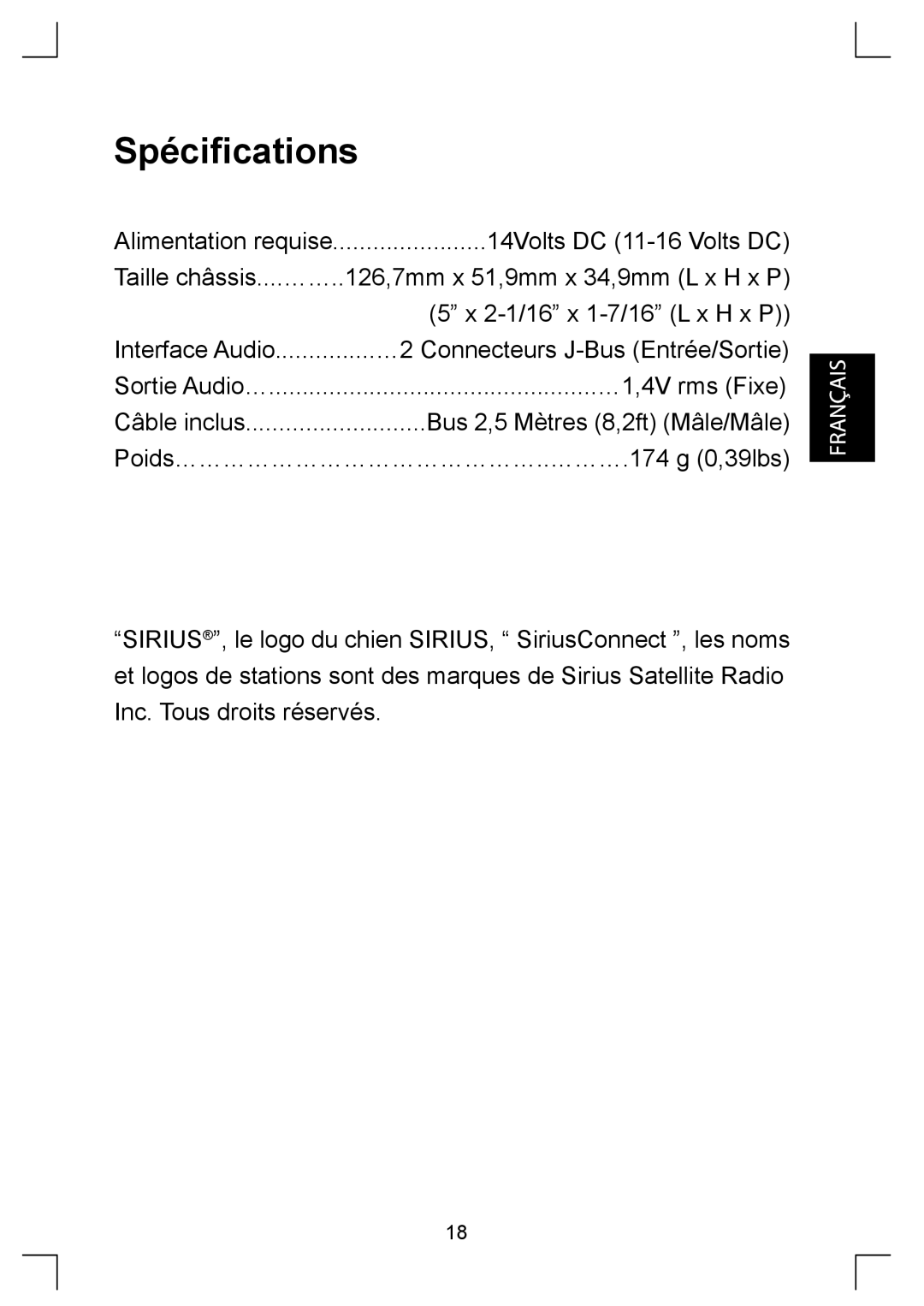 Sirius Satellite Radio KS-SRA100 manual Spécifications 