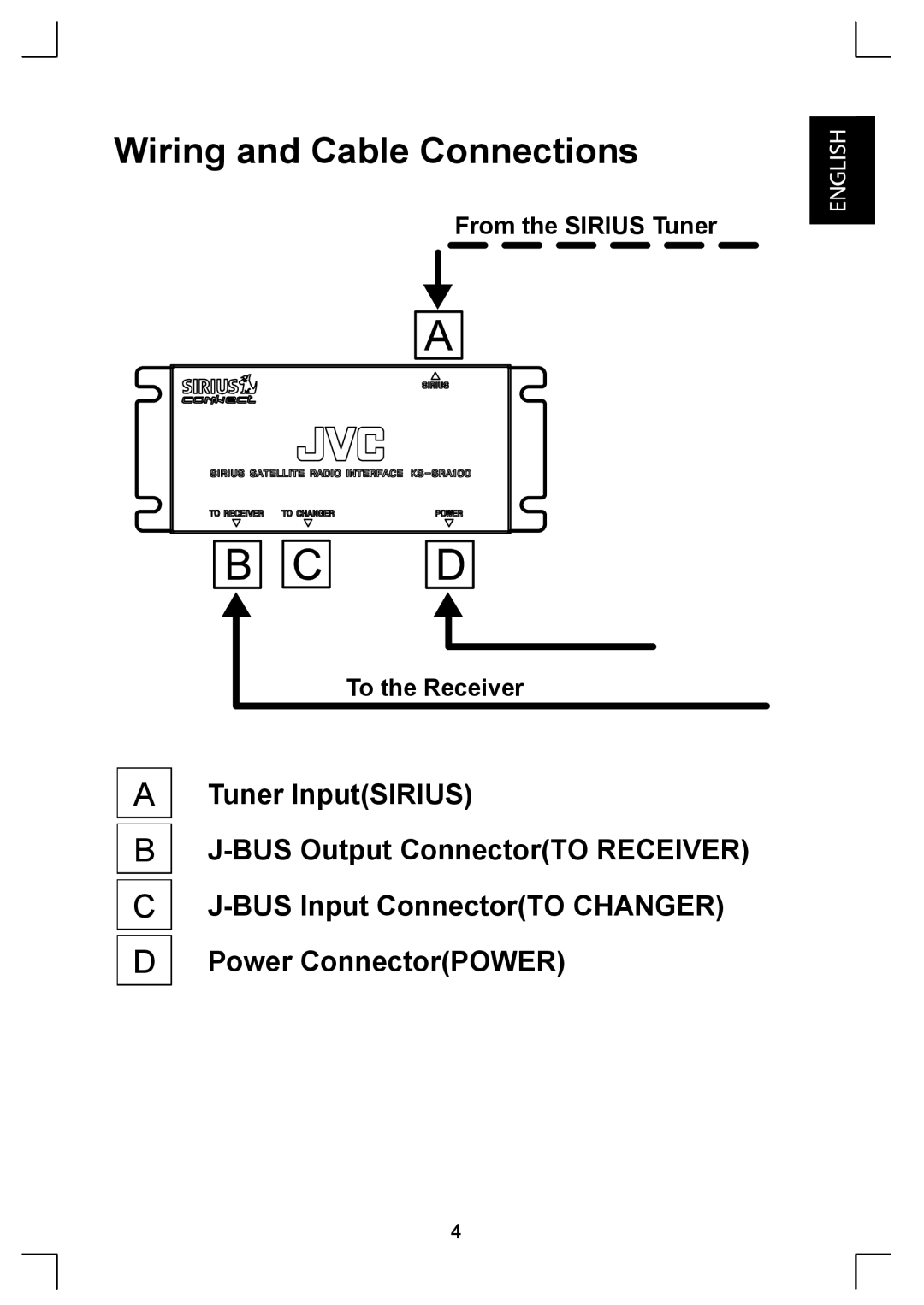 Sirius Satellite Radio KS-SRA100 manual Wiring and Cable Connections, Tuner InputSIRIUS, J-BUSOutput ConnectorTO RECEIVER 