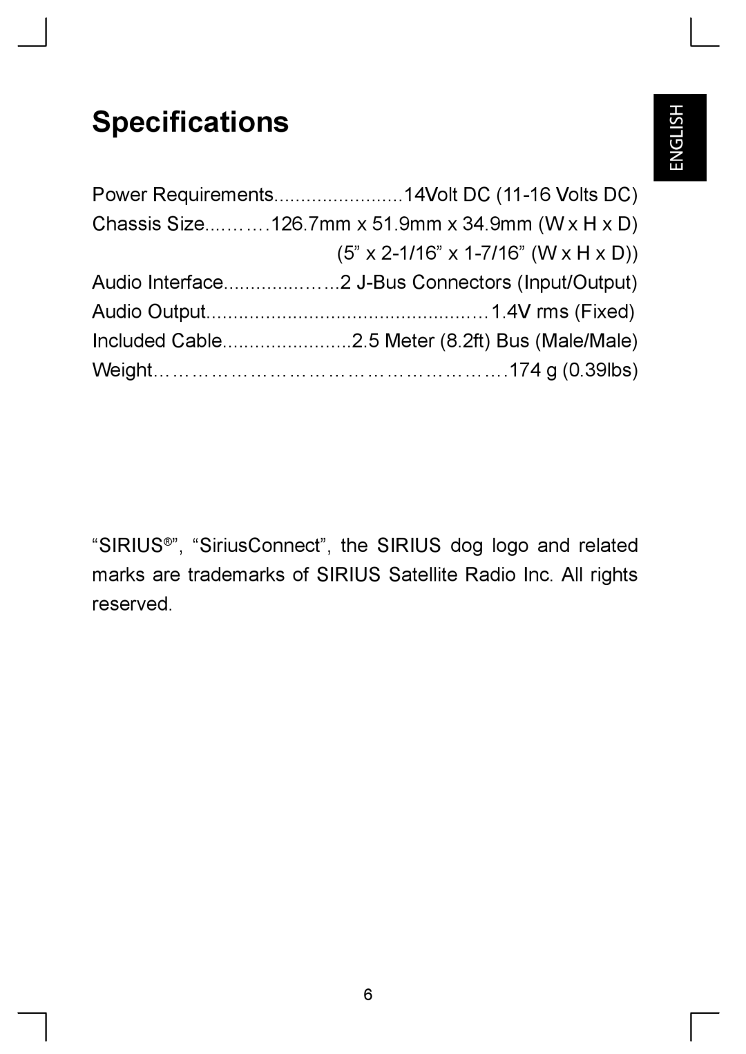 Sirius Satellite Radio KS-SRA100 manual Specifications 