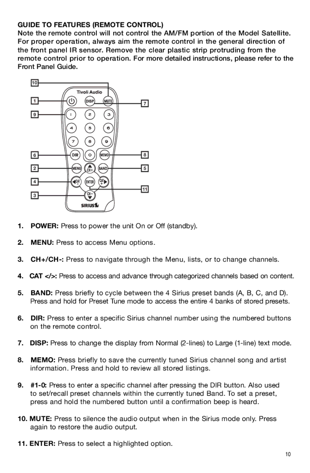 Sirius Satellite Radio Model Satellite owner manual Guide to Features Remote Control 