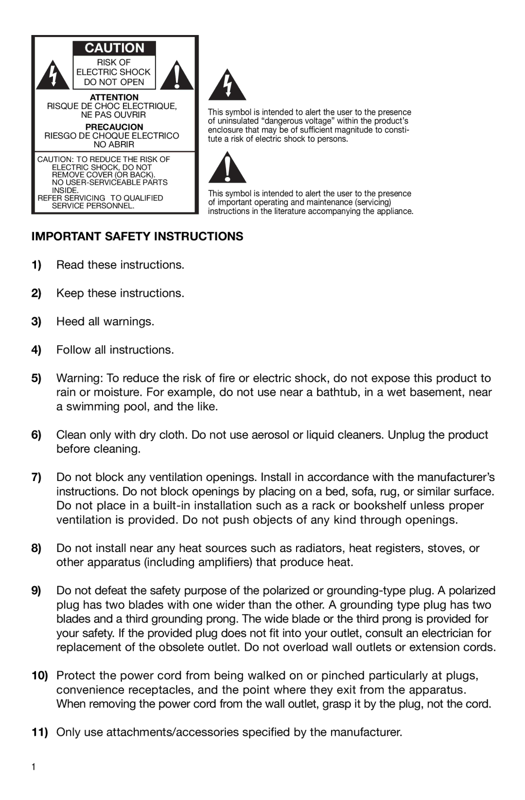 Sirius Satellite Radio Model Satellite owner manual Important Safety Instructions, Precaucion 