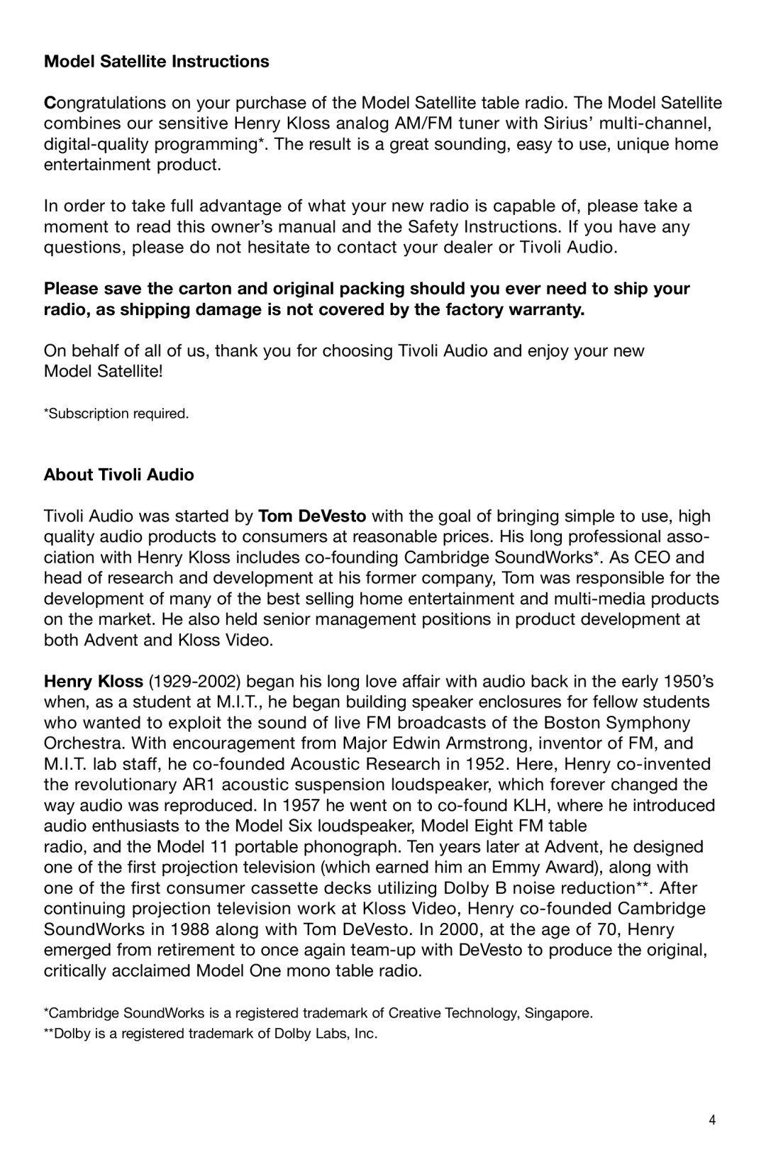 Sirius Satellite Radio Model Satellite owner manual About Tivoli Audio 