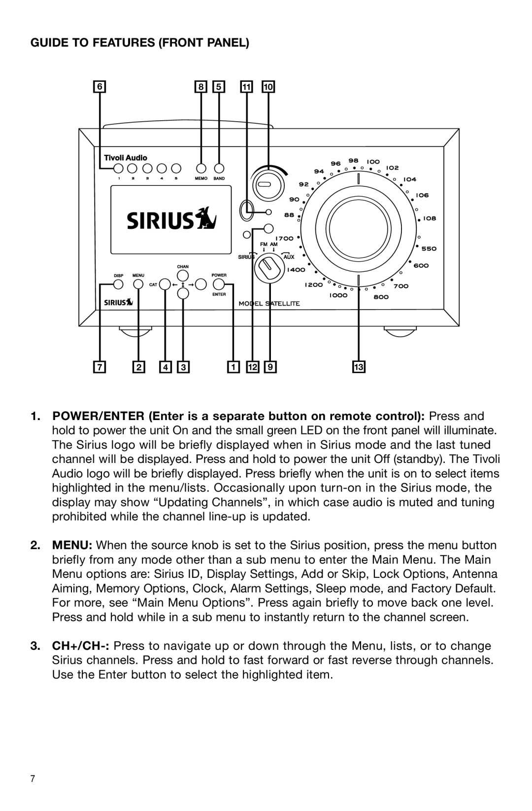 Sirius Satellite Radio Model Satellite owner manual Guide to Features Front Panel 