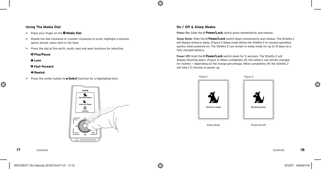 Sirius Satellite Radio Model SLV2 manual Using The Media Dial, On / Off & Sleep Modes, SIRIUS9471 SL2 Manual091207.ind17-18 