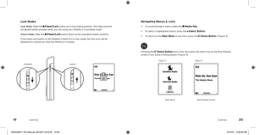 Sirius Satellite Radio Model SLV2 manual Lock Modes, Navigating Menus & Lists, SIRIUS9471 SL2 Manual091207.ind19-20 