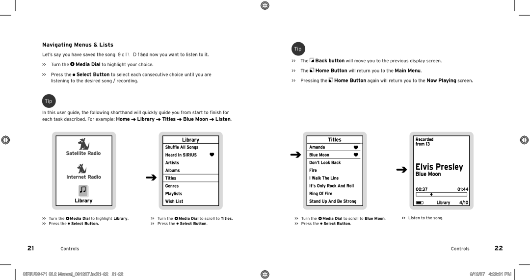 Sirius Satellite Radio Model SLV2 manual SIRIUS9471 SL2 Manual091207.ind21-22, 12/07 42931 PM 