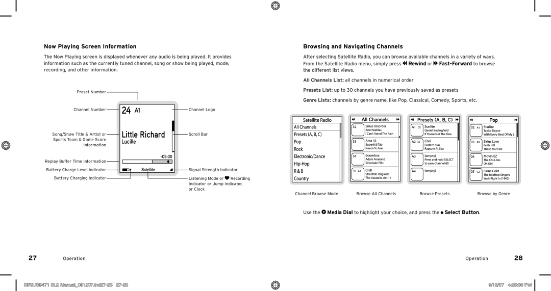 Sirius Satellite Radio Model SLV2 manual Now Playing Screen Information, Browsing and Navigating Channels, 12/07 42936 PM 
