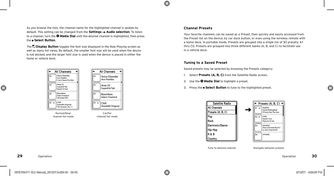 Sirius Satellite Radio Model SLV2 manual Channel Presets, Tuning to a Saved Preset, SIRIUS9471 SL2 Manual091207.ind29-30 
