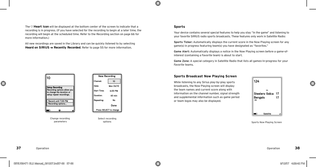 Sirius Satellite Radio Model SLV2 manual Sports Broadcast Now Playing Screen, SIRIUS9471 SL2 Manual091207.ind37-38 