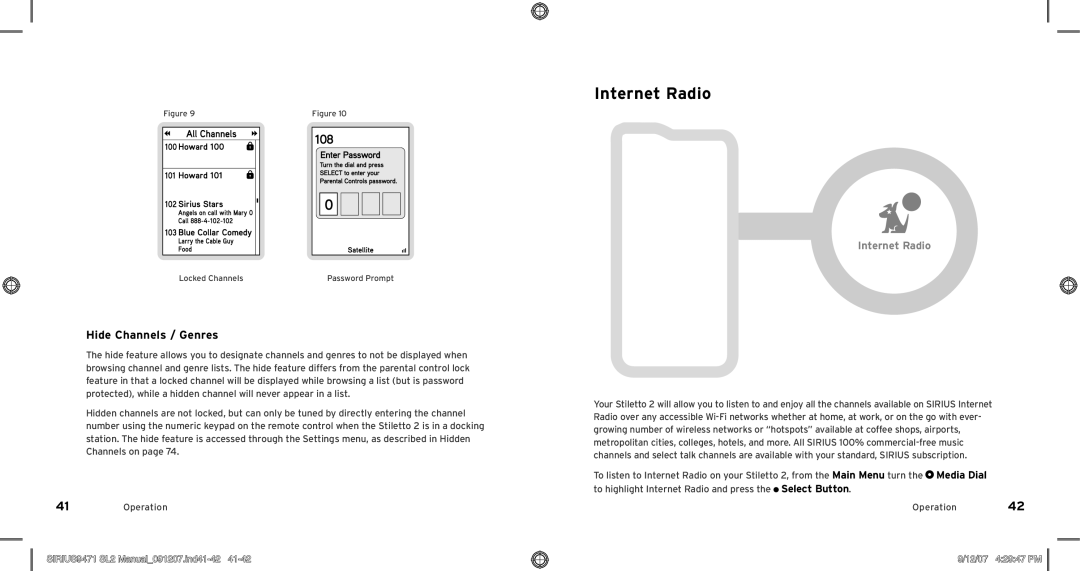 Sirius Satellite Radio Model SLV2 manual Internet Radio, Hide Channels / Genres, SIRIUS9471 SL2 Manual091207.ind41-42 