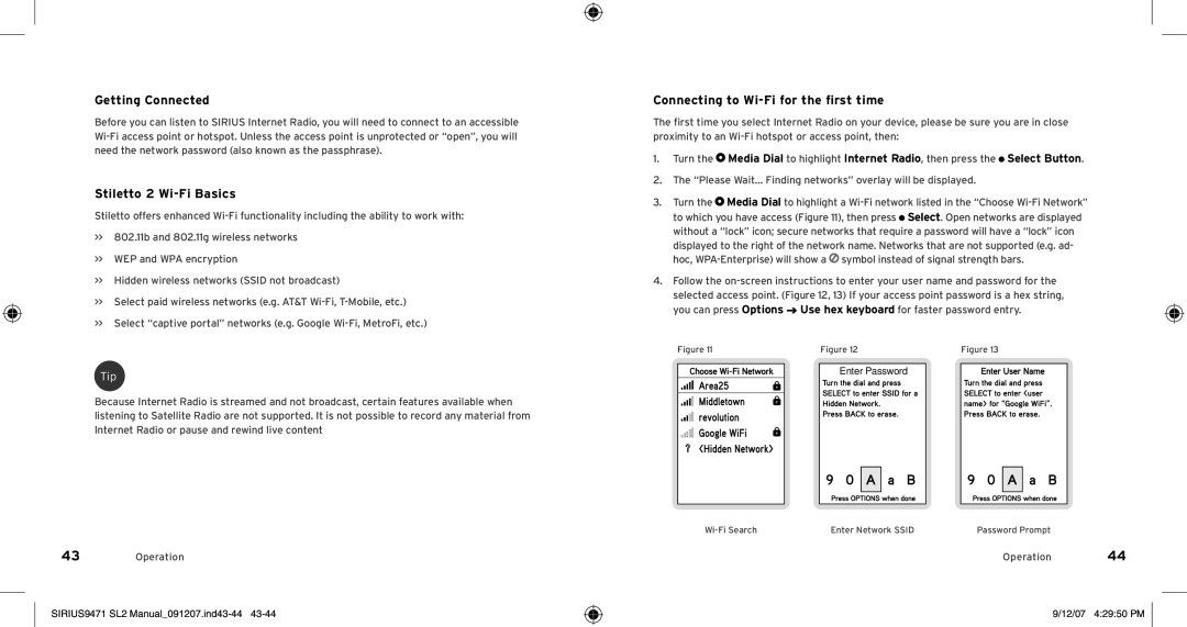 Sirius Satellite Radio Model SLV2 manual Getting Connected, Stiletto 2 Wi-Fi Basics, Connecting to Wi-Fi for the first time 