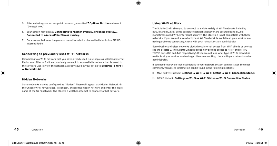 Sirius Satellite Radio Model SLV2 manual Connecting to previously-used Wi-Fi networks, Hidden Networks, Using Wi-Fi at Work 