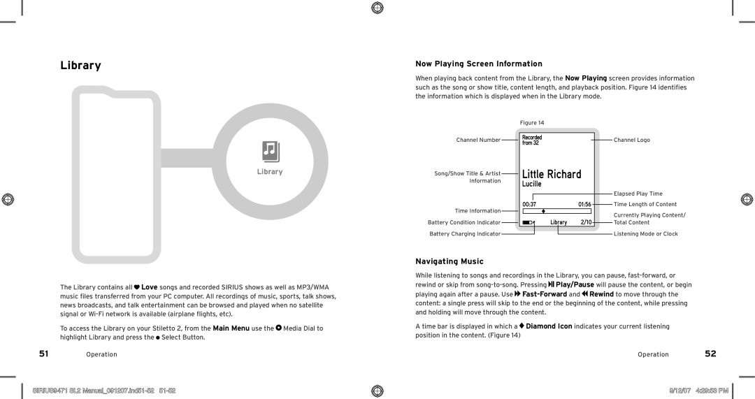 Sirius Satellite Radio Model SLV2 manual Library, Navigating Music, SIRIUS9471 SL2 Manual091207.ind51-52, 12/07 42953 PM 