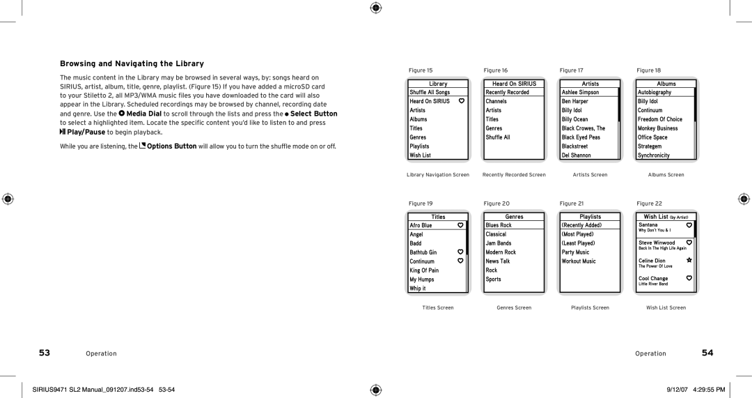 Sirius Satellite Radio Model SLV2 manual Browsing and Navigating the Library, SIRIUS9471 SL2 Manual091207.ind53-54 
