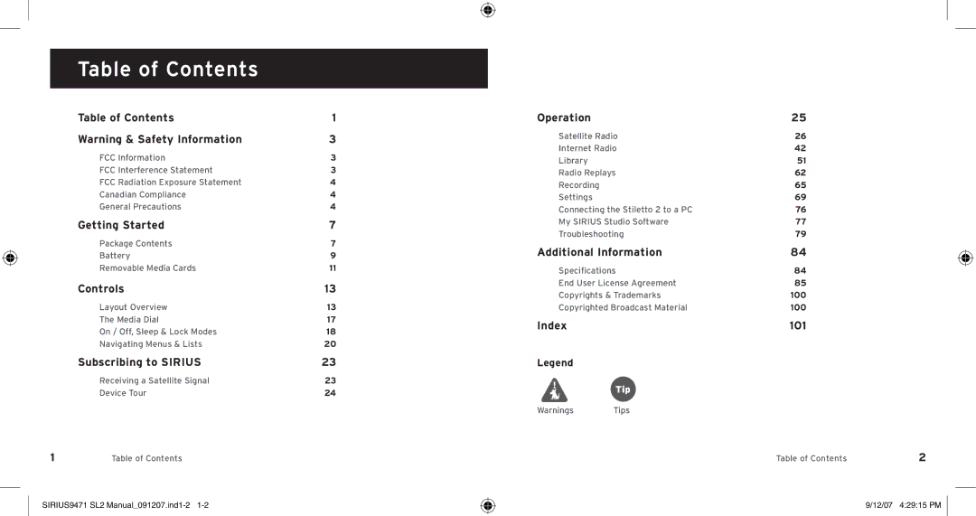 Sirius Satellite Radio Model SLV2 manual Table of Contents 