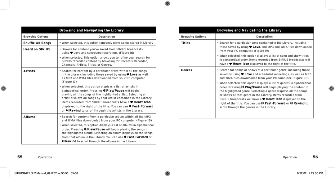 Sirius Satellite Radio Model SLV2 Browsing Options Description Shuffle All Songs, Heard on Sirius, Artists, Albums, Genres 