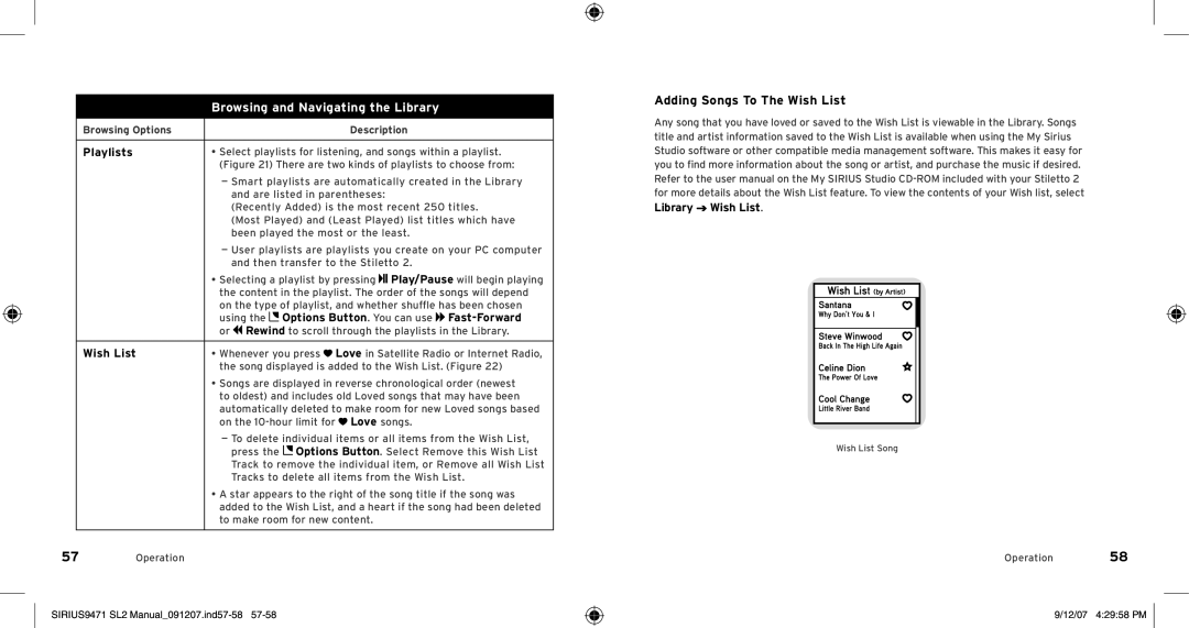 Sirius Satellite Radio Model SLV2 manual Adding Songs To The Wish List, Browsing Options Description Playlists 