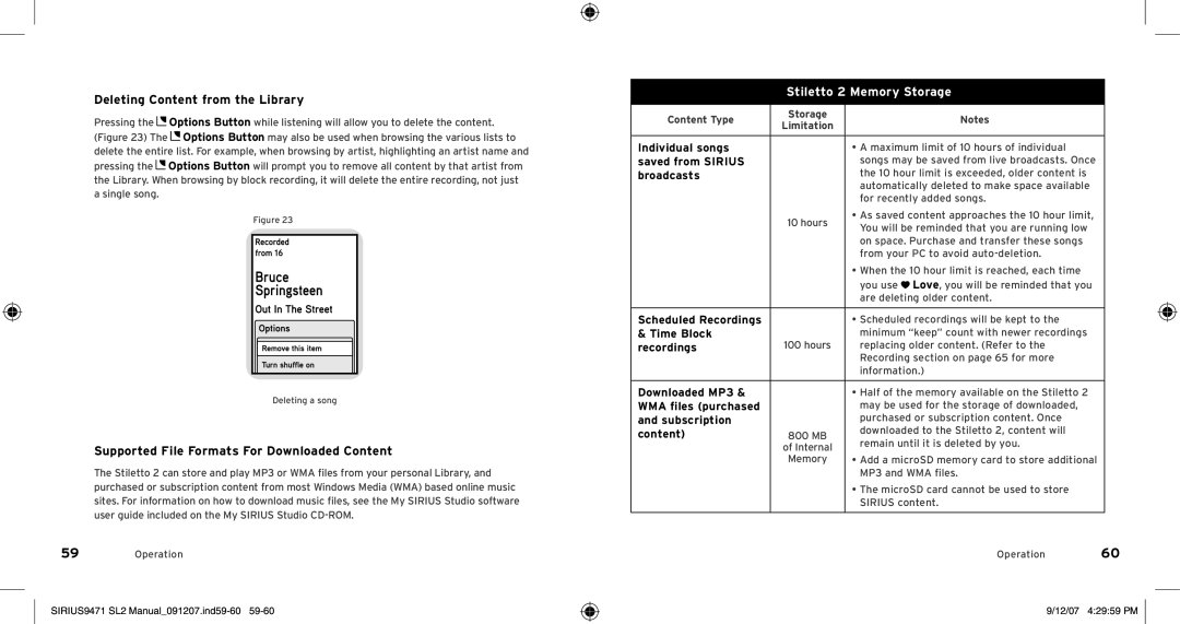 Sirius Satellite Radio Model SLV2 manual Deleting Content from the Library, Supported File Formats For Downloaded Content 