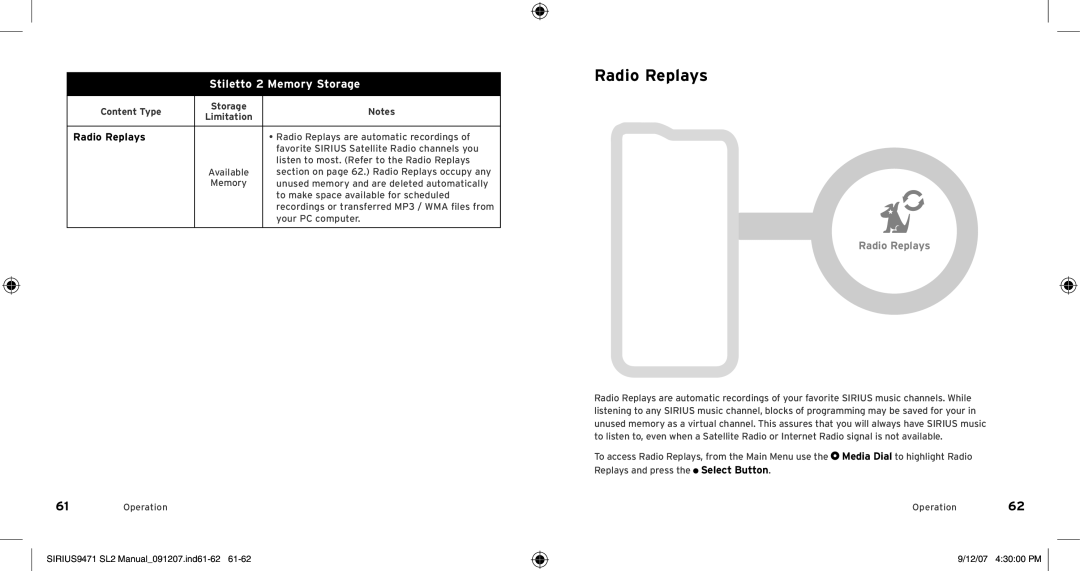 Sirius Satellite Radio Model SLV2 manual Radio Replays, SIRIUS9471 SL2 Manual091207.ind61-62, 12/07 43000 PM 