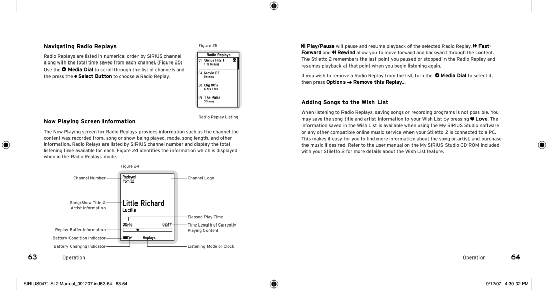 Sirius Satellite Radio Model SLV2 manual SIRIUS9471 SL2 Manual091207.ind63-64, 12/07 43002 PM 