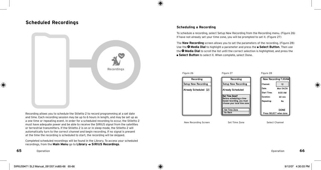 Sirius Satellite Radio Model SLV2 manual Scheduled Recordings, Scheduling a Recording, SIRIUS9471 SL2 Manual091207.ind65-66 