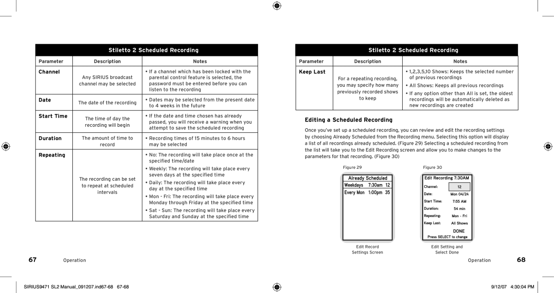 Sirius Satellite Radio Model SLV2 manual Editing a Scheduled Recording 