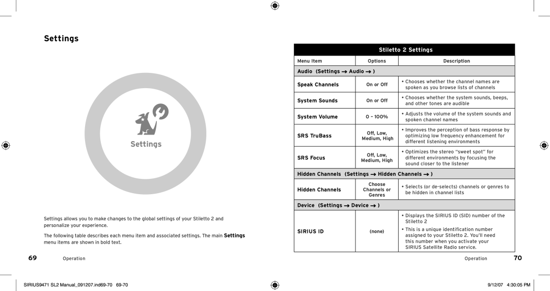 Sirius Satellite Radio Model SLV2 manual Settings 