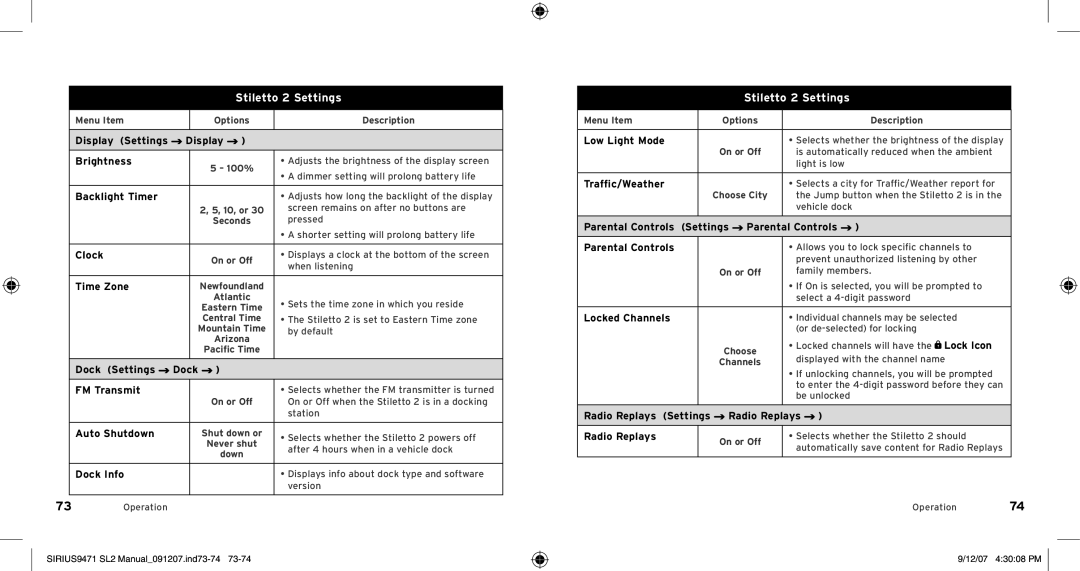 Sirius Satellite Radio Model SLV2 manual Menu Item Options Description Display Settings Brightness, Backlight Timer, Clock 