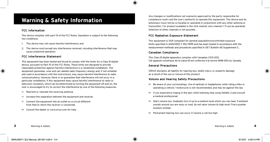 Sirius Satellite Radio Model SLV2 manual FCC Information, FCC Interference Statement, FCC Radiation Exposure Statement 