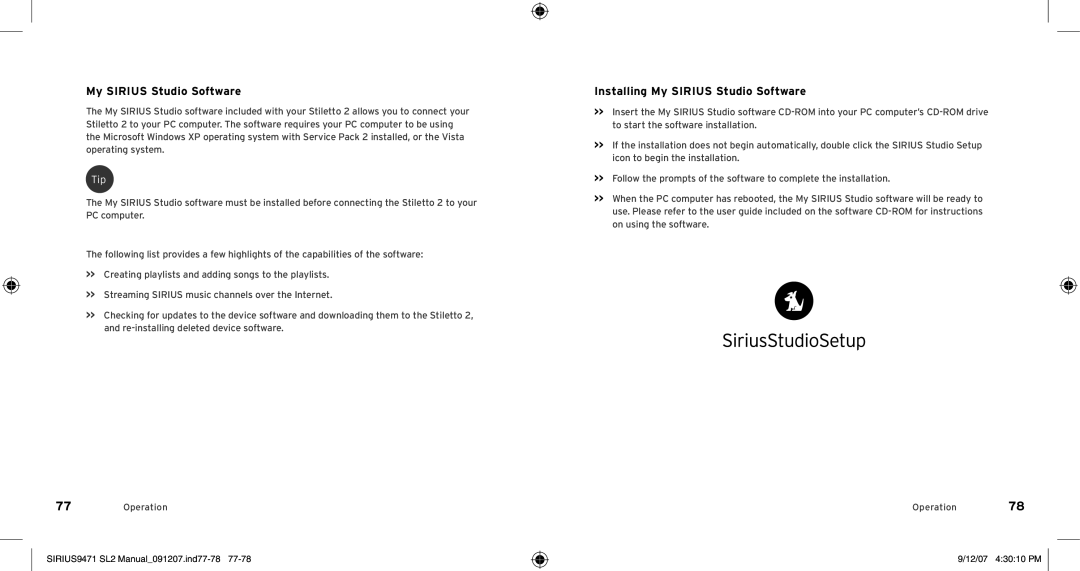 Sirius Satellite Radio Model SLV2 manual Installing My Sirius Studio Software, SIRIUS9471 SL2 Manual091207.ind77-78 