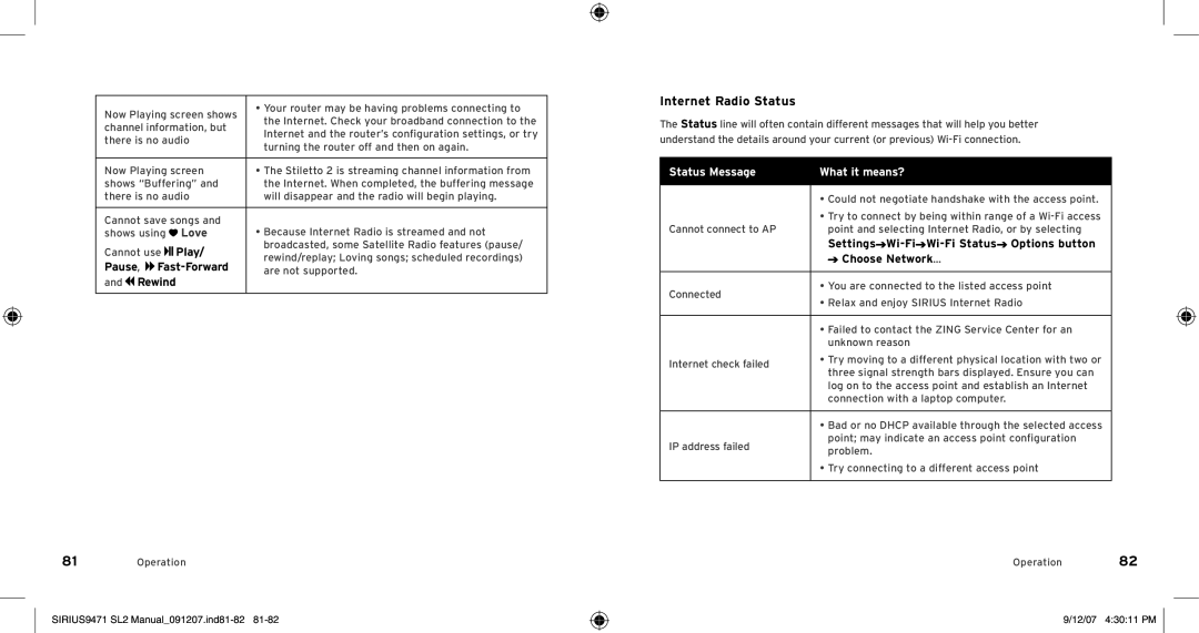 Sirius Satellite Radio Model SLV2 manual Internet Radio Status, Play, Pause , Fast-Forward, Choose Network… 