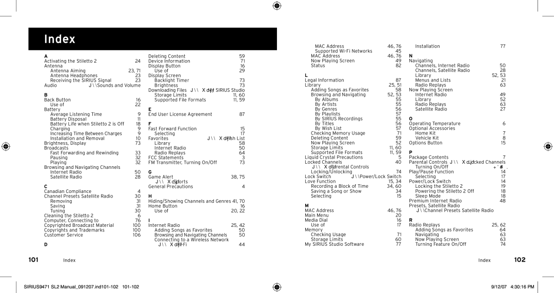 Sirius Satellite Radio Model SLV2 manual Index, 12/07 43016 PM 