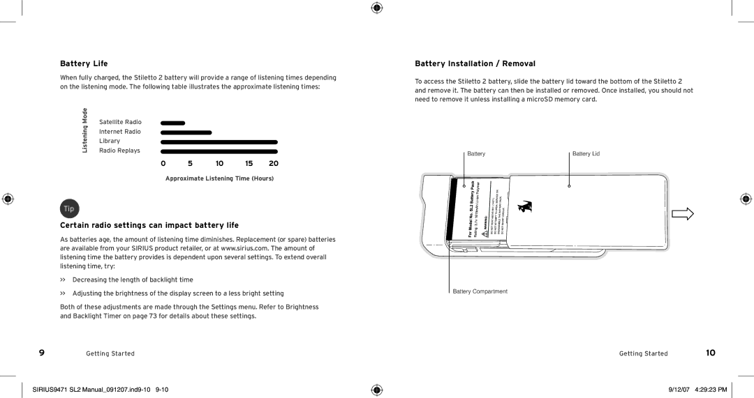 Sirius Satellite Radio Model SLV2 manual Battery Life, Certain radio settings can impact battery life 