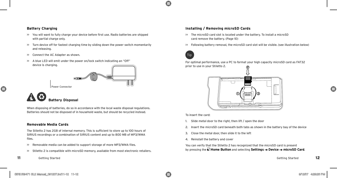 Sirius Satellite Radio Model SLV2 Battery Charging, Battery Disposal, Removable Media Cards, Prior to use in your Stiletto 