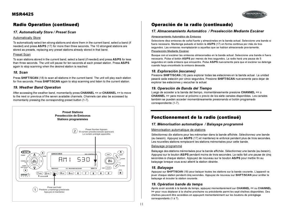 Sirius Satellite Radio MSR4425 Radio Operation, Operación de la radio continuado, Fonctionnement de la radio continué 