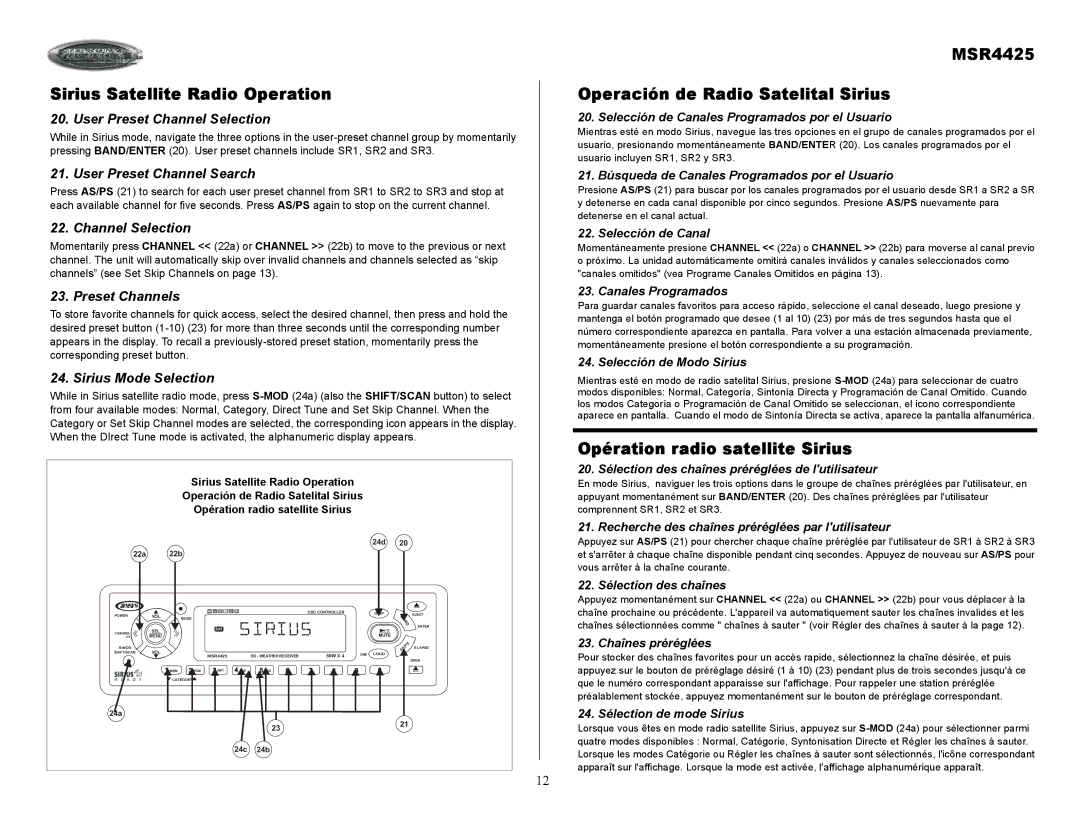 Sirius Satellite Radio owner manual Sirius Satellite Radio Operation, MSR4425 Operación de Radio Satelital Sirius 